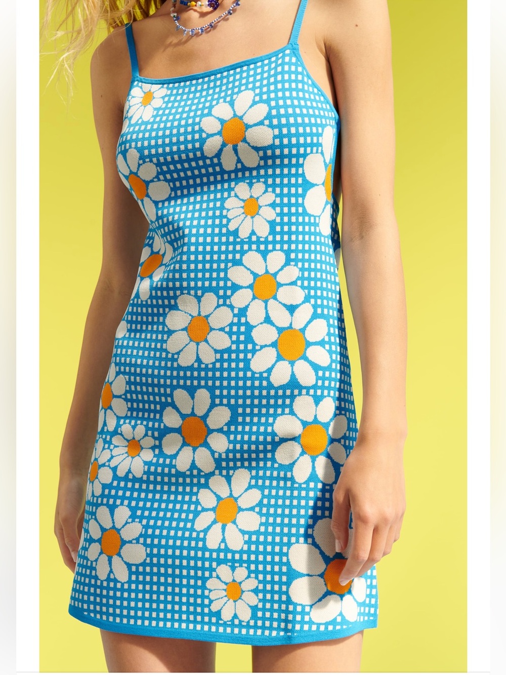 NWT Zara Blue Gingham Floral/Daisy Jacquard Open Back Knit Mini Dress